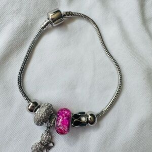 Silver Charm Bracelet with Pink Bead